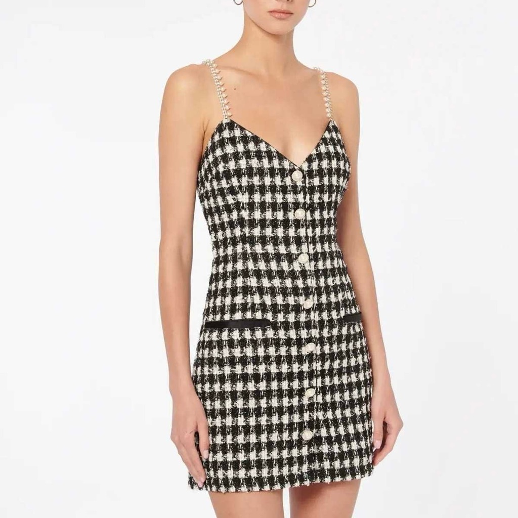 New Cami Nyc Magaly Tweed Pearl Strap Button Front Dress In Black/White 10